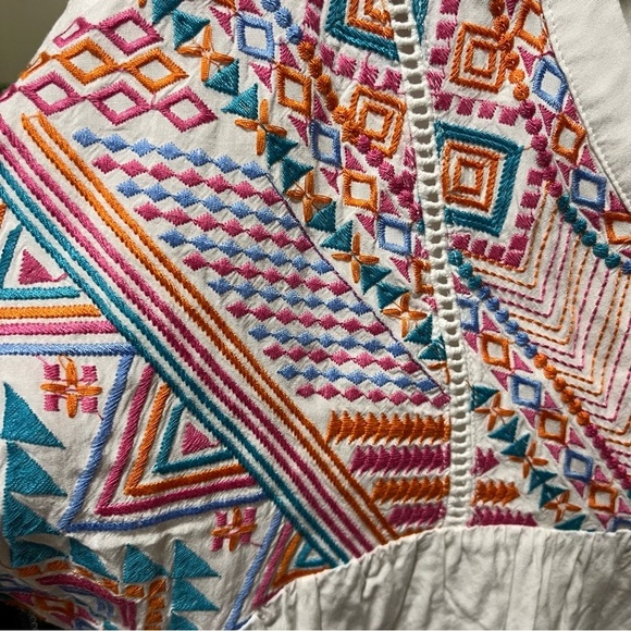 SAVANNA JANE ~ White Peasant Style Rayon Top with Colorful Embroidery - Picture 3 of 7